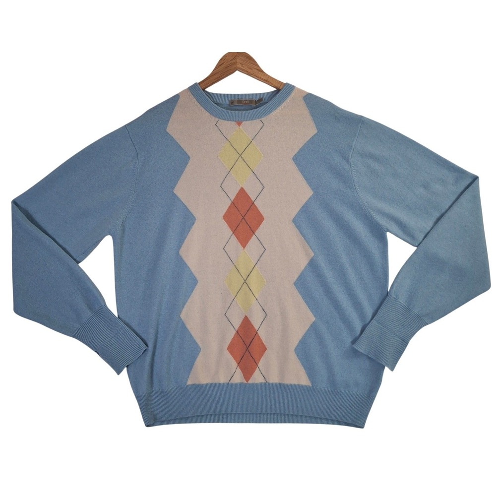 Raffi Cashmere Sweater Mens XL Blue Argyle Crewneck Long Sleeve Pullover
